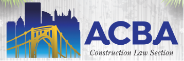 ACBA is in blue on a gray background, with a illustration of a yellow bridge in front of a blue sky. "Construction Law Section" is below ACBA, written in black text.