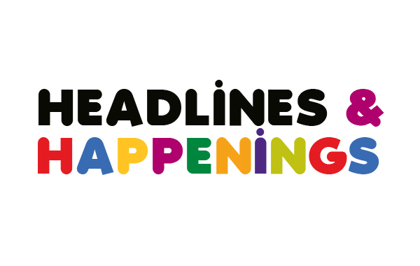 Headlines is in black text and Happenings is in rainbow text on a white background.
